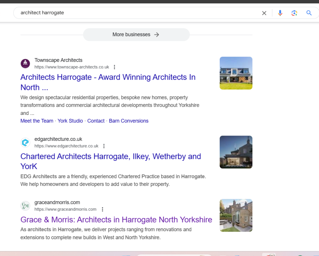 A Google SERPS screenshot, showing that Grace & Morris architecture practice achieved page one results, after using a copywriter for architects, Laura Sands.